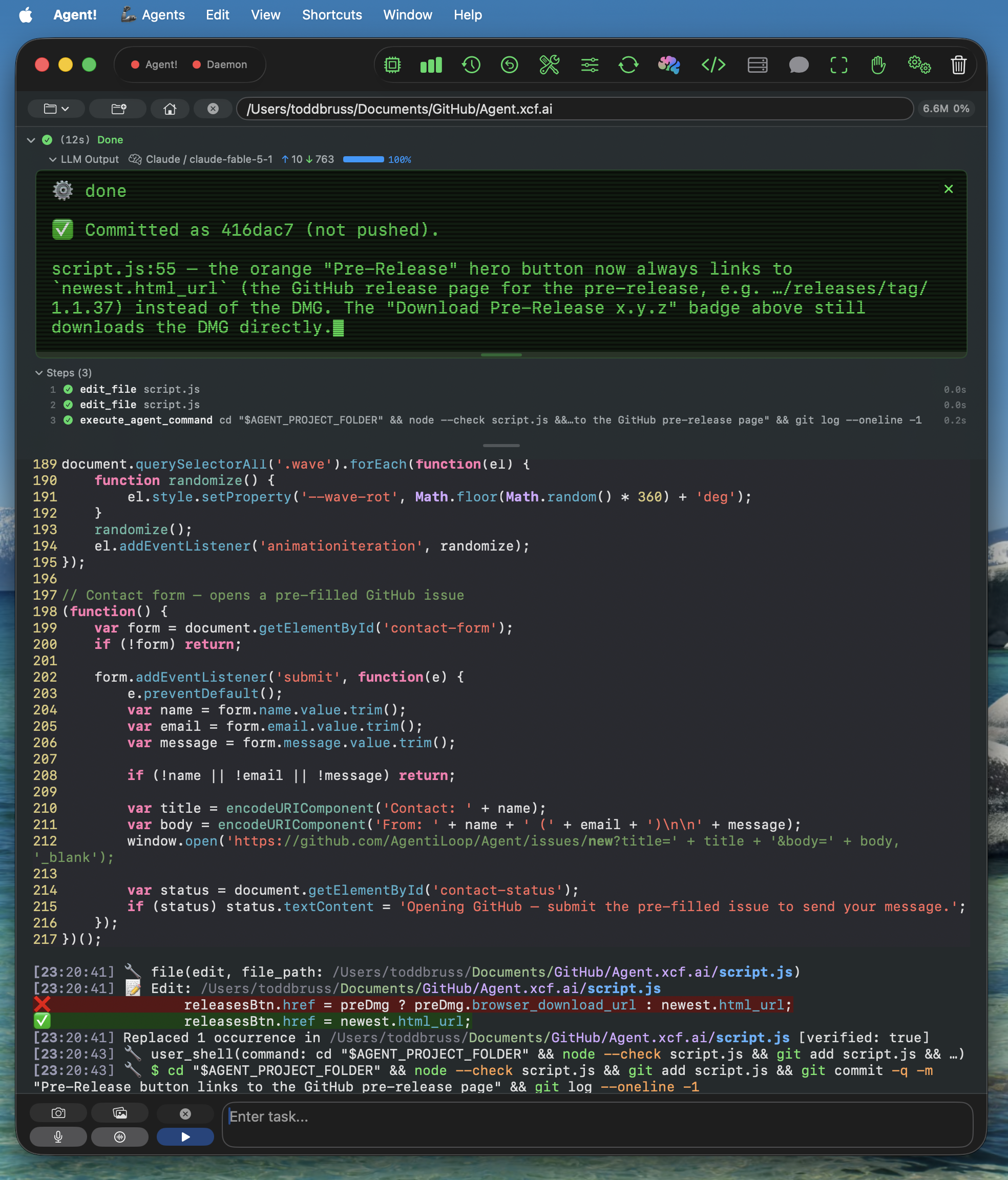 The Agent! main window: task result and execution steps on top, source code in the middle, and an activity log with an inline diff at the bottom