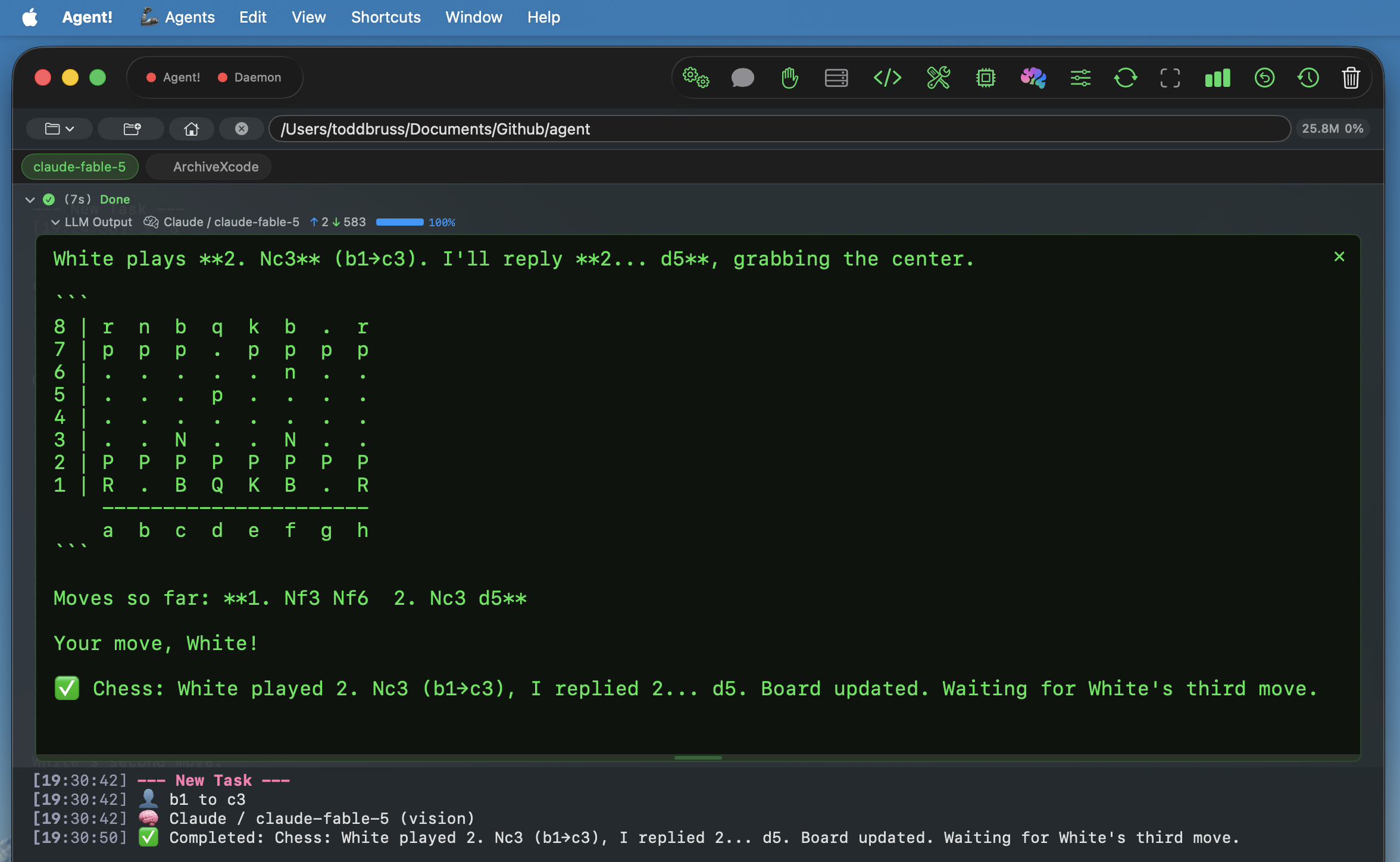 Chess running inside Agent!: two independent tabs at the top, an ASCII board and move list in the middle, and a log line at the bottom showing the vision model used for this turn