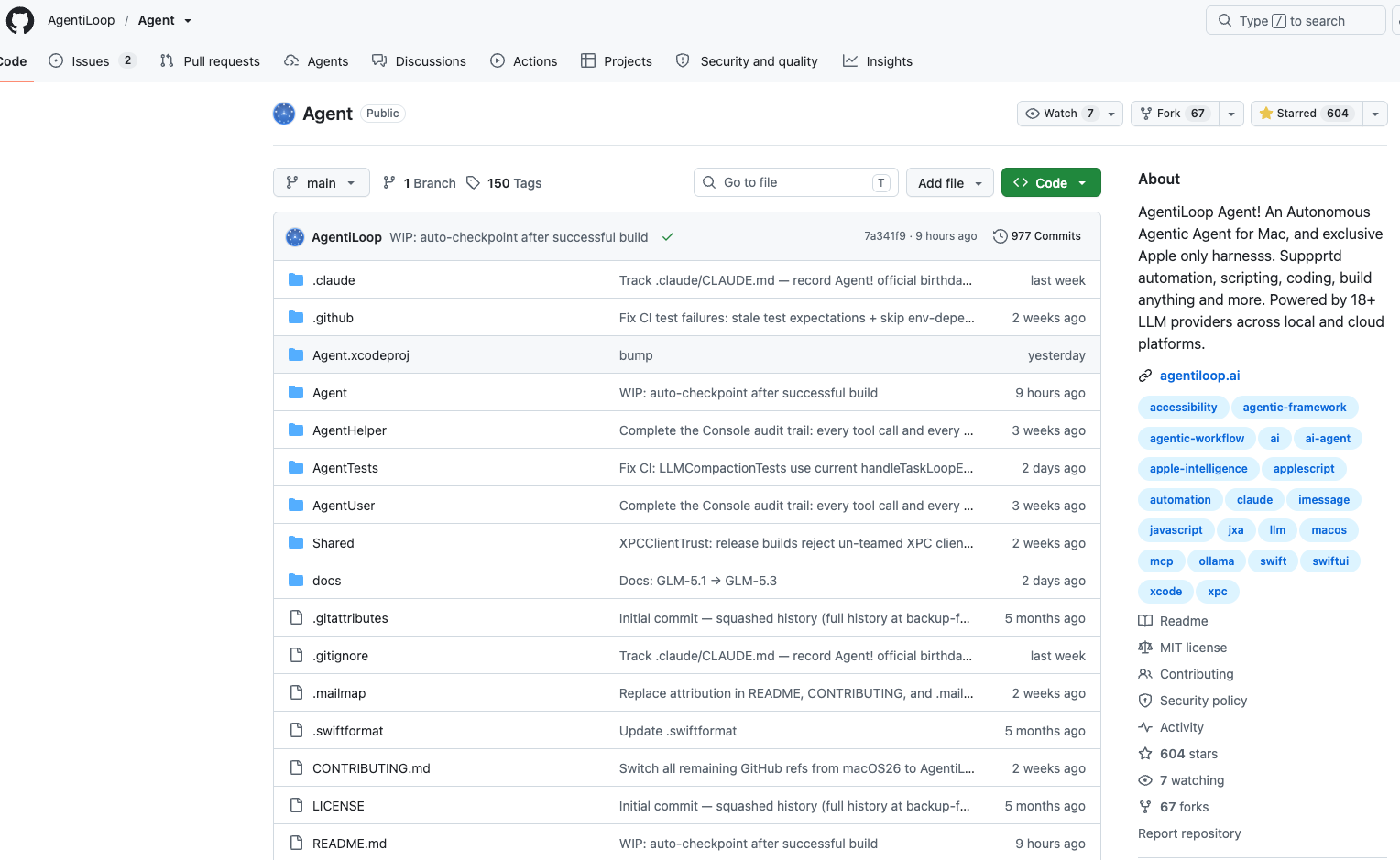 The AgentiLoop/Agent GitHub repository page, showing 604 stars, 67 forks, 977 commits, and 150 tags