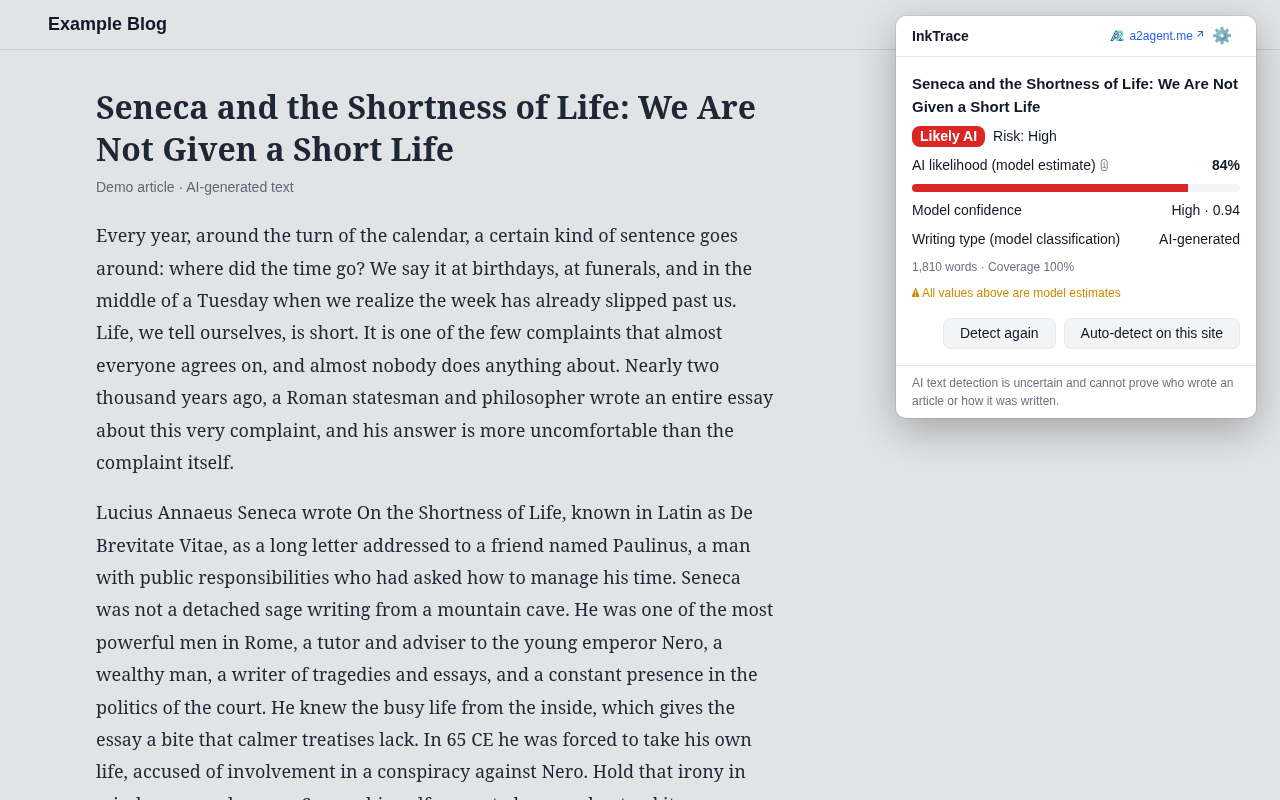 InkTrace popup on an article showing a Likely AI verdict, high risk, 84% AI likelihood, high model confidence of 0.94 and an AI-generated writing type