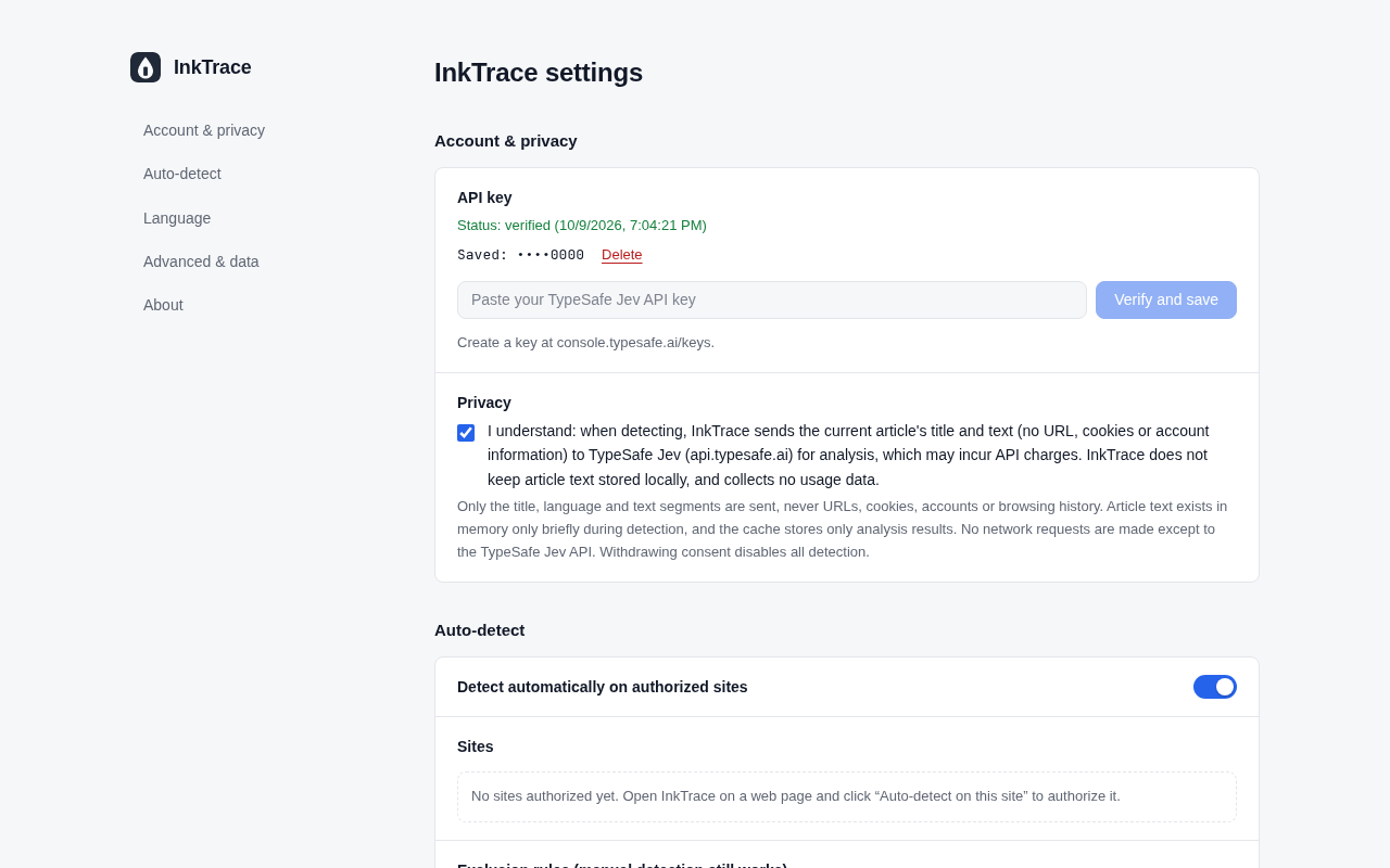 InkTrace settings page showing a verified API key, the privacy confirmation and the Auto-detect switch